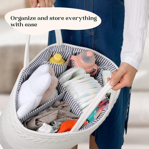 Luxury Little Diaper Caddy Organizer, Extra Large Cotton Rope Nursery Basket for Baby Diaper Storage, Portable Car