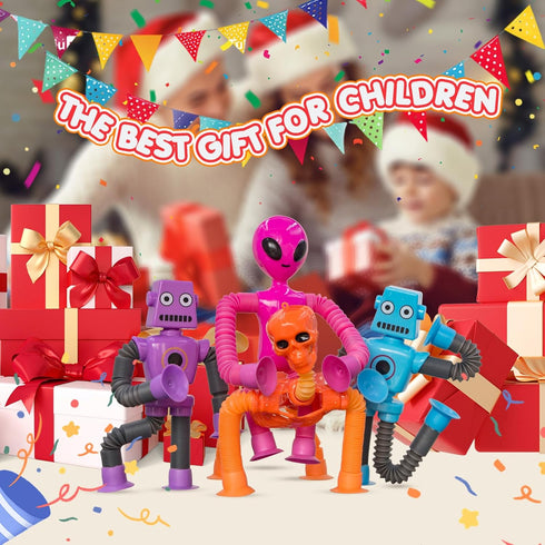 8Pack (8 Pack Pop Tubes Skeleton Fidget Toys for Kids, Robot Fidget Pop Toys Telescopic Suction Cup Toy for Stress