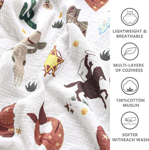 100% 40 36 Inch Breling Western Cowboy Muslin Baby Blankets for Girls Boys, Cotton Crib Blanket for Infant Toddler, x