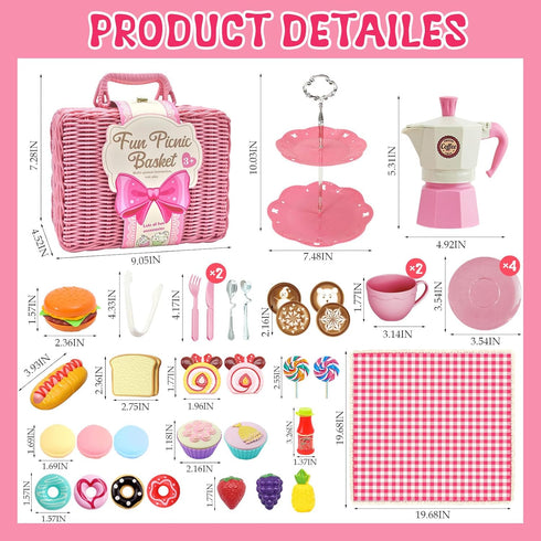 Set Set 3-8 HAPGFS Pink Pretend Afternoon Tea Party with Storage Basket, Play Food & Accessories for Girls, Tea Party