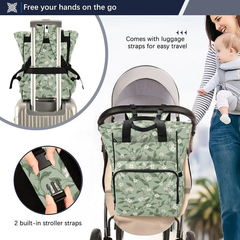 SUABO Backpack Leaf and Flower Pattern Baby Diaper Bag Large Bag Waterproof Travel Diaper Bags for Moms and Dads