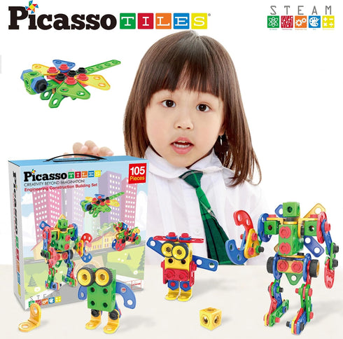 Picasso Toys STEM Learning Toys 105 Piece Building Block Set, Kids Construction Engineering Kit with IdeaBook