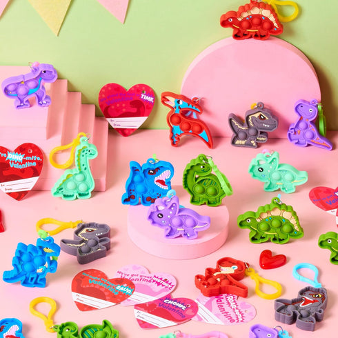 28 Packs JOYIN Valentine's Day Gift Cards with Pop Fidget Keychain Toys, Dinosaur Stress Anxiety Relief Fidget Toys