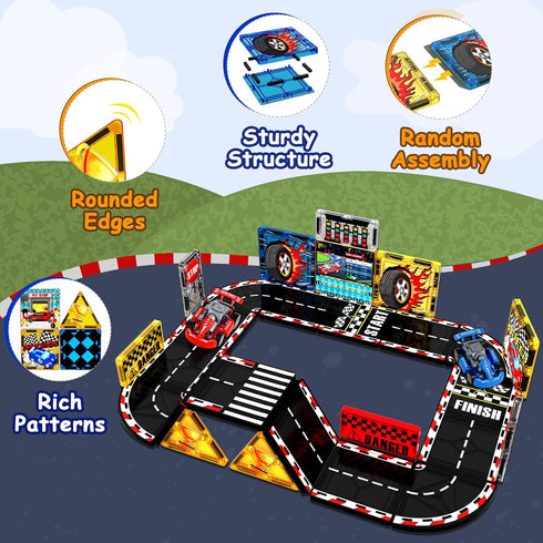 Set, 2 3 4 5 6 7 8, 3 Magnetic Tiles Road Rail Race Track with Racer Cars, Magnetic Car Racing for Kids Ages Magnet