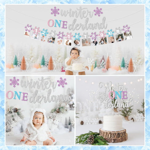 1st Winter Onederland Birthday Decorations Girl, Winter Onederland Banner, Snowflake Photo Garland Highchair Banner
