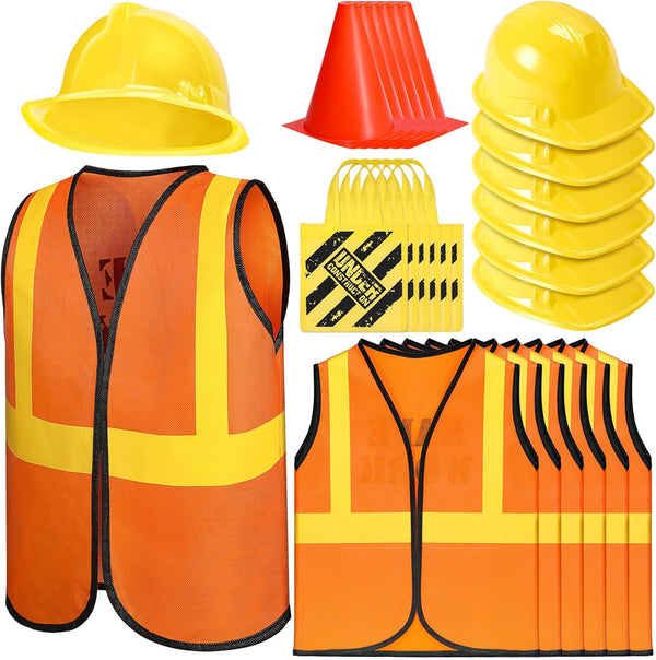 Geyoga 24 Pcs Kids Construction Worker Costumes Set Includes 6 Pcs Construction Vest,