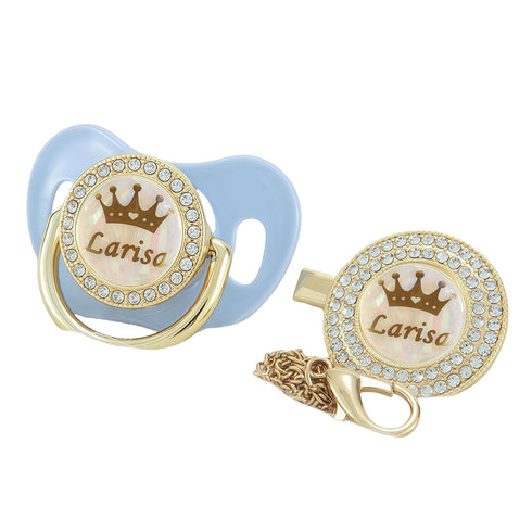 Set 18 Personalized Any Name Bling Gold Silver Pacifier and Clip Colors