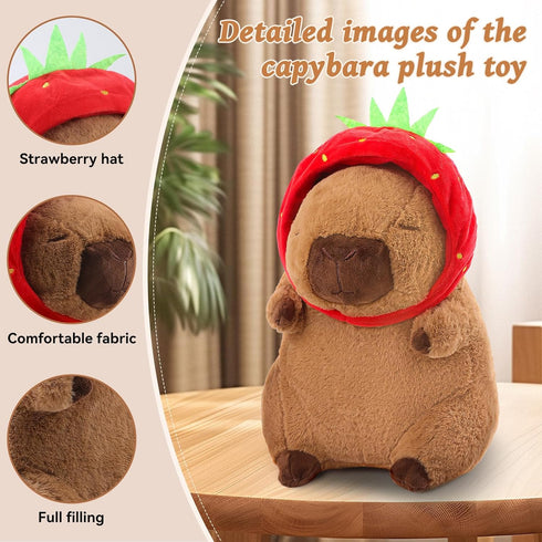 9 Inch Capybara Plush Cute Capybara Stuffed Animal Kawaii Plush with Strawberry Hat Capybara Gifts Cute Plush Pillow