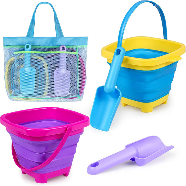 Collapsible Beach Buckets for Kids, 2 Packs Foldable Sand Buckets and Shovels
