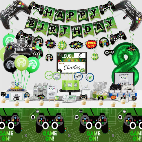 Video Game Party Decorations - 8th Birthday Supplies with HAPPY BIRTHDAY Banner, Tablecloth, Balloons