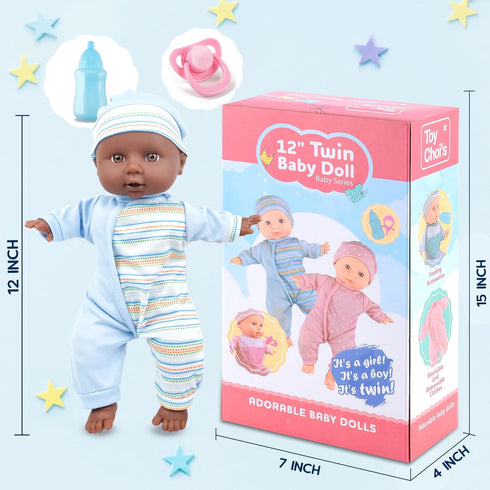 12 inch Set 2 3 4 5 Toy Choi's Twin Baby Dolls - Two Soft Black Body Babydoll with Rompers, Hat and Pacifier, Doll