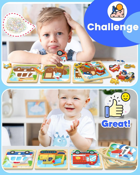 Benresive Wooden Toddler Puzzles, Montessori Toys for 1 2 3 Year Old Boys, Toys for 1 2 3 Year Old Boy Birthday Gifts, 8 Pack Vehicle Toddler Toys, Learning Educational Toys