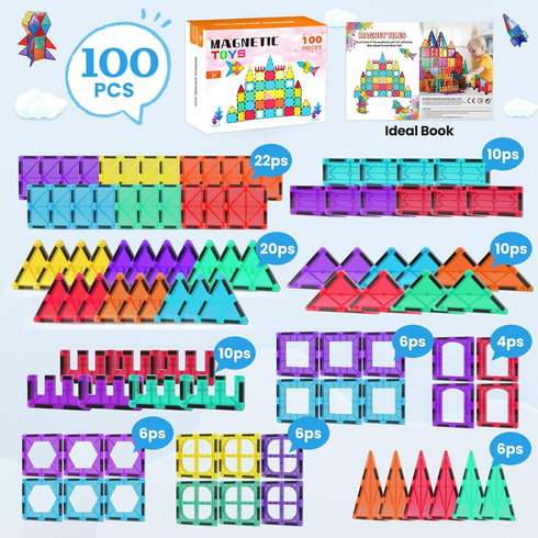 100 Set, 3 4 5 6 7 8+ Paaxido Magnetic Tiles - Pieces Magnetic Blocks for Kids, Magnet Tiles Building Blocks