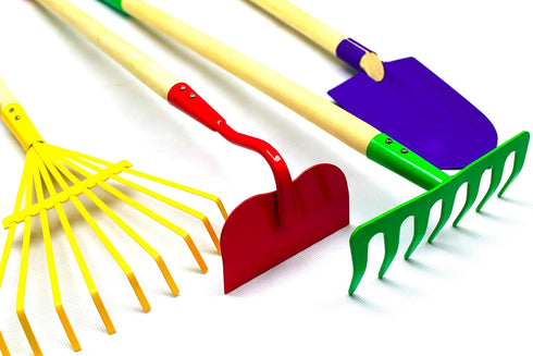 Set 4-Piece, 5yr+ JustForKids Kids Garden Tool Toy, Rake, Spade, Hoe and Leaf Rake, reduced size , made of sturdy steel