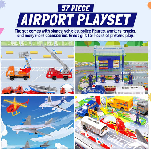 57 Commercial Playset PCS Airport with Airplane Toys, Play Vehicles, Fire Trucks, Police Cars & Figures