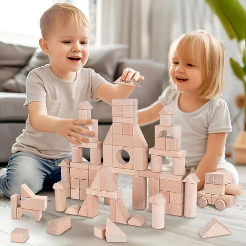 iPlay, iLearn Kid Wooden Building Block Set, Toddler Natural Wood Montessori Learning Toy, Large Hardwood Blocks