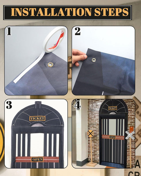 Preboun Train Party Decorations Train Ticket Station Ticket Hall Door Curtain Decor Hall Door Cover for Railroad