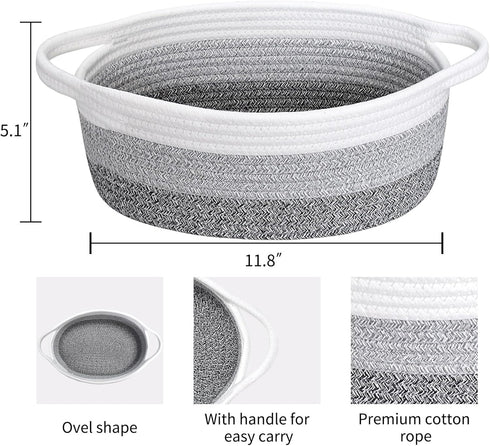 ABenkle Small Woven Basket, 12"x 8" x 5" Cute Small Basket, Rope Room Shelf Storage Basket, Cat Dog Toys Basket Chest Box, Empty Decorative Gift Basket with Handles - White & Mixed Grey & Dark Grey by ABenkle