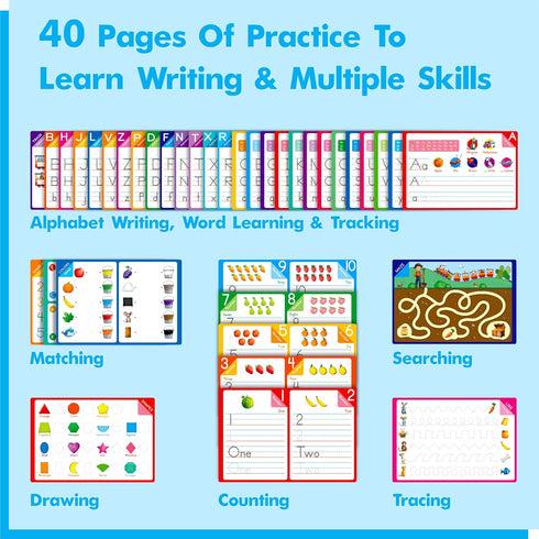 Gethelud 40 3-5 Handwriting Practice Book, Pages Dry Erase Preschool Workbook Montessori Learning Toy Educational Tool