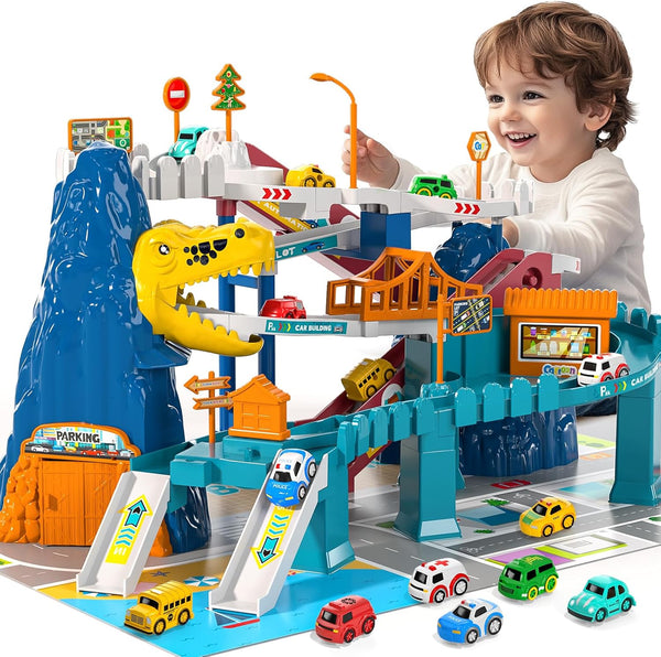 MSKOLER Dinosaur Race Car Tracks for Toddlers 2-4 Years, Dinosaur Climbing Hills