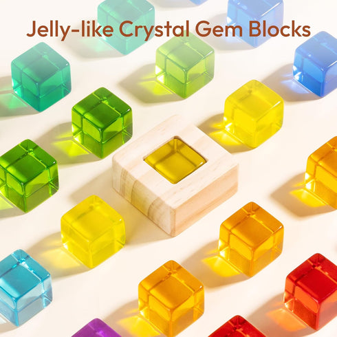 Wooden Rainbow Building Blocks Set for Kids, 22 PCS Wooden Blocks & 25 PCS Acrylic Gem Cubes, Montessori Stacking Toys