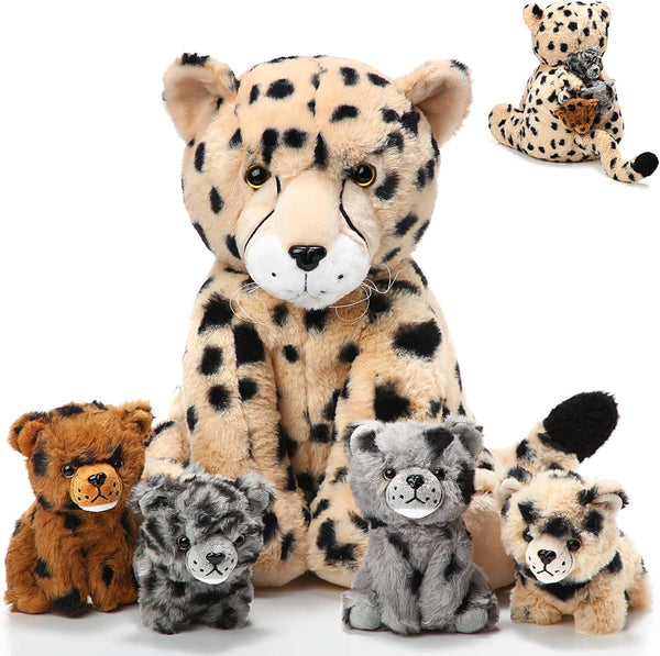 Silipull 5 Pcs Cheetah Stuffed Animals Set Large Mommy Cheetah Plush with