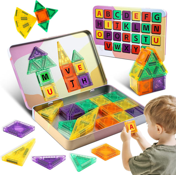 Windidi 47PCS Magnetic Tiles Travel Toys, Mini Magnetic Letters Building Blocks With ABC