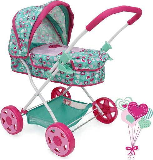 509 3+ Crew: Mint Heart - Daisy Doll Pram - Pink & Green, Bassinet, Storage Basket, Retractable Canopy, Folding