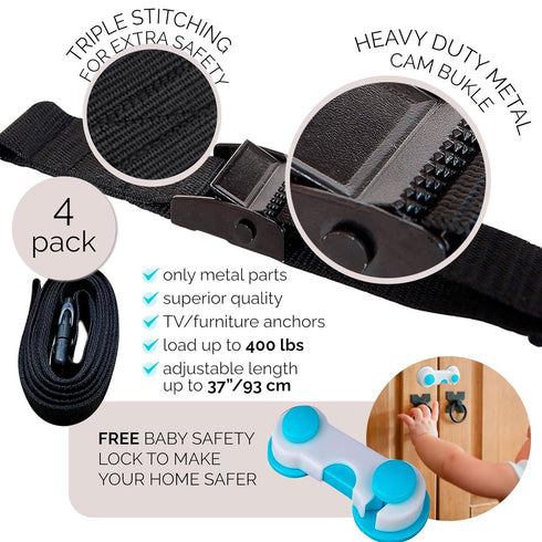 4 Pack+Gift Family Care TV Safety Straps - Metal Furniture Straps for Baby Proofing - TV Straps Safety for Flat Screen