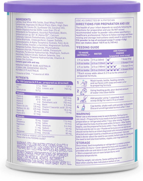 0-12 20 oz Bubs Whole Goat Milk Formula with Iron, Goat Milk-Based Powder, for Infants Months, Made with Non-GMO Goat