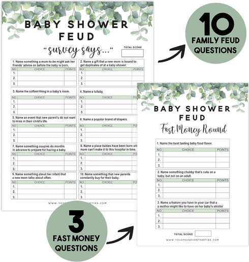 Your Main Event Prints Eucalyptus Baby Shower Family Feud Game Set - 50 Question Cards, 3 Fast Money Rounds, 1 Instruction Guide - Fun Group Activity for Baby Celebrations