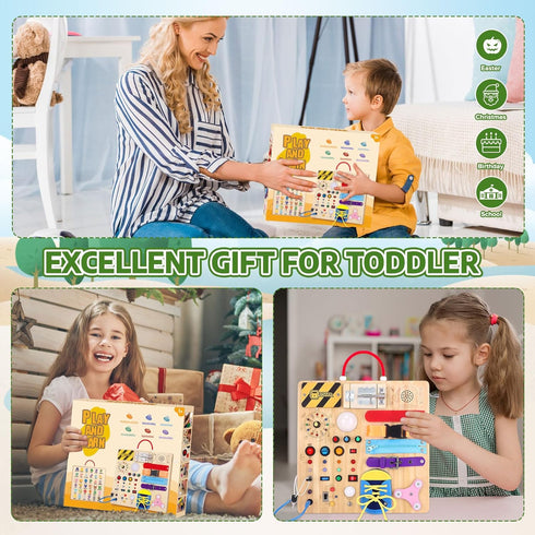 23-in-1 1-3, Montessori Busy Board with LED Lights Educational Wooden Activity Toy for Toddlers Ages Travel Sensory