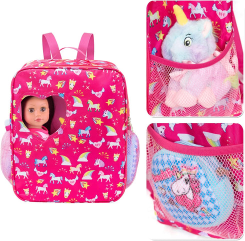 K.T.Fancy 7 PCS 18 Inch Dolls Bag Carrier Set, Includes Doll Clothes, Shoes, Sunglasses, Backpack, Toy Unicorn