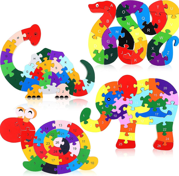4 Pcs Alphabet Jigsaw Puzzle Building Blocks - Wooden Animal Puzzle for Preschool Learning