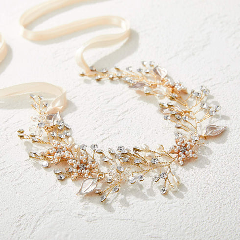 SWEETV Gold Flower Girl Headband for Wedding, Baby Girl Pearl Hair Piece, Birthday Party Photography