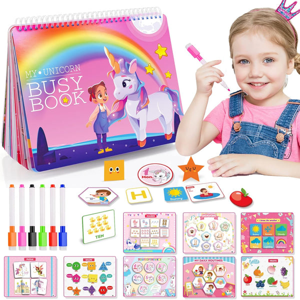 Kids Montessori Toys for Toddlers, Unicorns Gifts for Girls Age 3-5, 30 Themes Busy Book Educational Toys