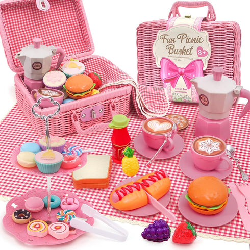 HAPGFS Pink Pretend Afternoon Tea Party Set with Storage Basket, Play Food