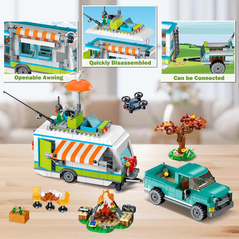 Set 3-IN-1 879PCS 6-12 HOGOKIDS City Camper Van Building with LED Light - Holiday RV Camping Building Toy for Kids