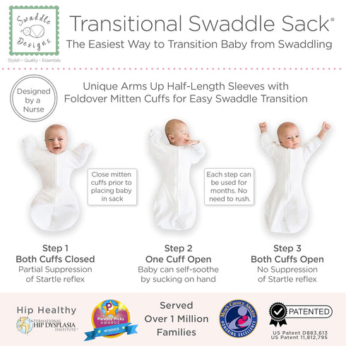 SwaddleDesigns Transitional Swaddle Sack, Small, 0-3 Month, Sterling Dots, Arms Up Half-Length Sleeves