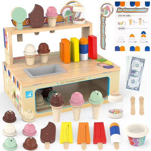 Foldable Wooden Ice Cream Toy Set Pretend Play Food Store for Toddlers,