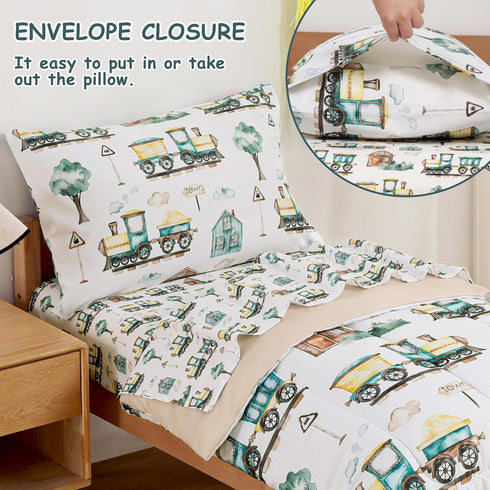 4 Set Country Sets Mooreeke Pieces Toddler Bedding - Brown Train Town Toddler Comforter for Boys, Includes Comforter