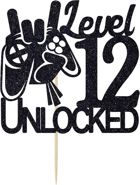 Cos mos Video Game Level 12 Unlocked Birthday Cake Topper, Black Glitter Decorations for 12th Birthday Party