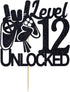 Cos mos Video Game Level 12 Unlocked Birthday Cake Topper, Black Glitter Decorations for 12th Birthday Party