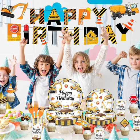 24 Construction Birthday Party Supplies for Guests - Decorations Include Plates, Napkins, Cups, Tablecloth, Cake