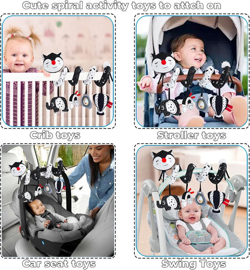 Car Seat Toys for Infants 0-6 Months, High Contrast Hanging Toys for Baby Carseat, Developmental Toys with Music
