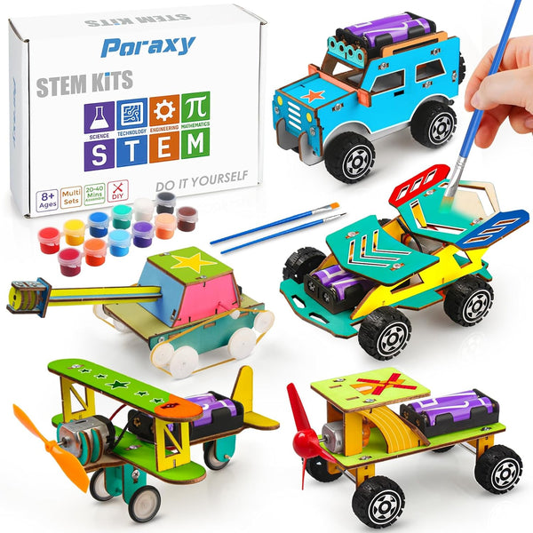 Poraxy STEM Kits for Kids Age 8-10 - 5 Set Wooden Model Car Kits, Educational Crafts Building Projects