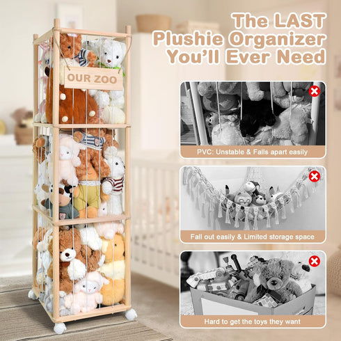 BENCHRY Bedroom-54 Inch Stuffed Animal Storage, Wooden Cute Zoo Toy Holder with Brake Wheels, Space Save Toy Organizer