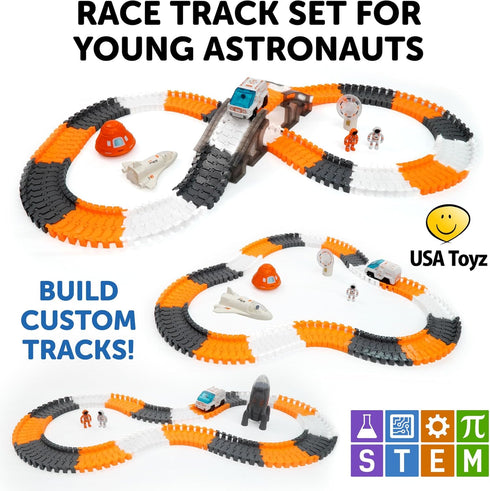 250pk Set 225 2 USA Toyz Galactic Race Tracks for Kids- Speedway Race Car Track with Flexible Roads, LED Toy Cars