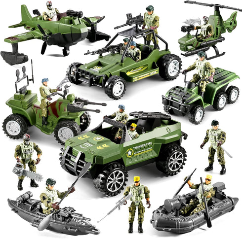 HOSPONY 58-in-1 Army Men Toys for Boys 4-7 6-8 8-12, Military Truck/Helicopter/Kayak Boat/Motorcycle/Army