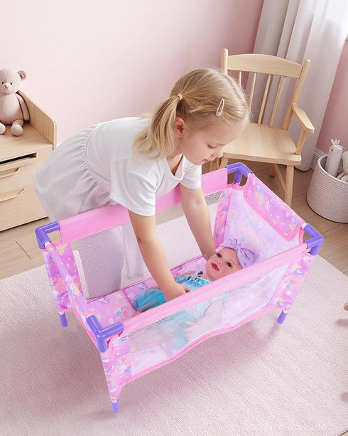 Playset 18 Inch BABESIDE Baby Doll Crib with Bedding & Accessories, Portable Baby Doll Crib for Dolls, Pretend Play